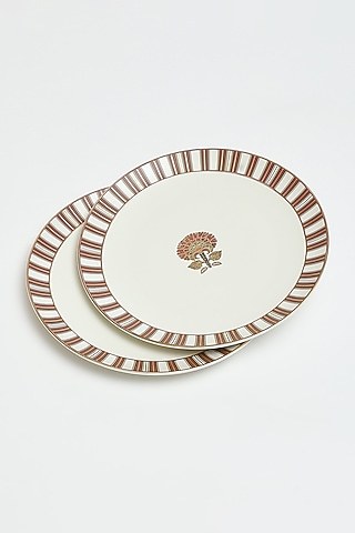 Beige Kashmiri Booti Dinner Plate (Set Of 2) by Ritu Kumar Home