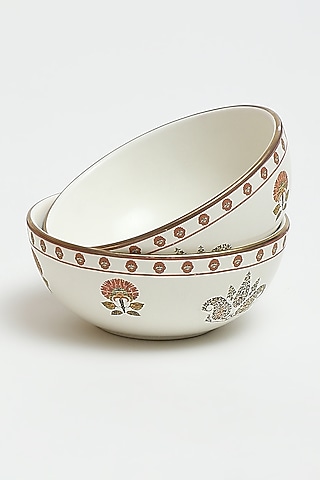 Beige Kashmiri Booti Veg Bowl (Set Of 2) by Ritu Kumar Home
