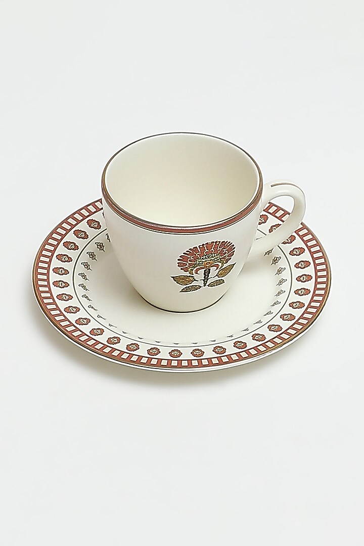 Beige Kashmiri Booti Cup & Saucer (Set Of 2) by Ritu Kumar Home at Pernia's Pop Up Shop