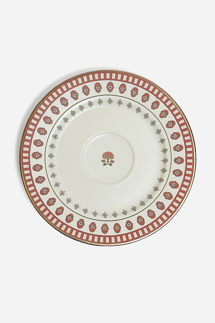 Beige Kashmiri Booti Cup & Saucer (Set Of 2) by Ritu Kumar Home at Pernia's Pop Up Shop