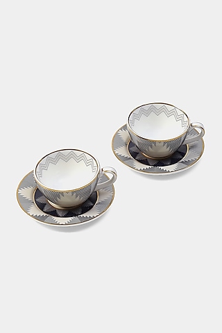 Blue Porcelain Ikkat Diner Cup & Saucer Set (Set of 2 Cups and 2 Saucers) by Ritu Kumar Home