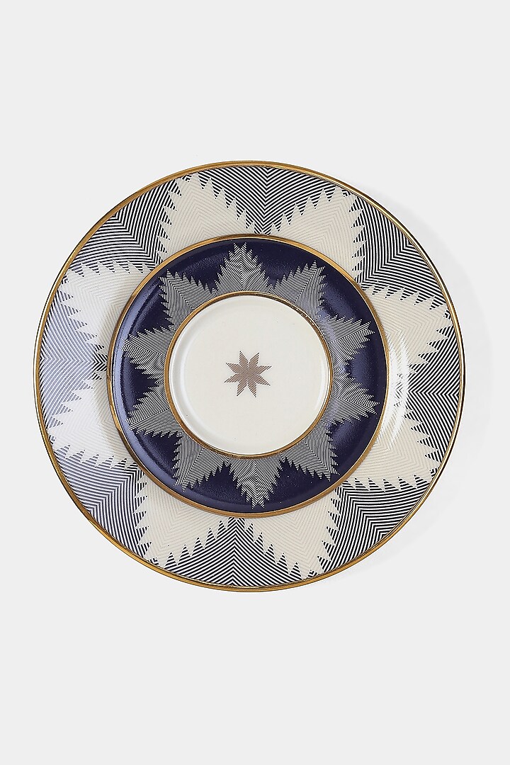 Blue Porcelain Ikkat Diner Cup & Saucer Set (Set of 2 Cups and 2 Saucers) by Ritu Kumar Home at Pernia's Pop Up Shop