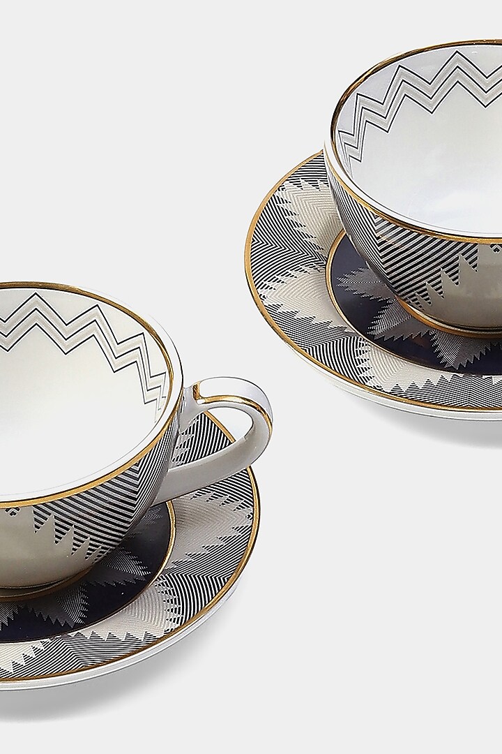 Blue Porcelain Ikkat Diner Cup & Saucer Set (Set of 2 Cups and 2 Saucers) by Ritu Kumar Home at Pernia's Pop Up Shop