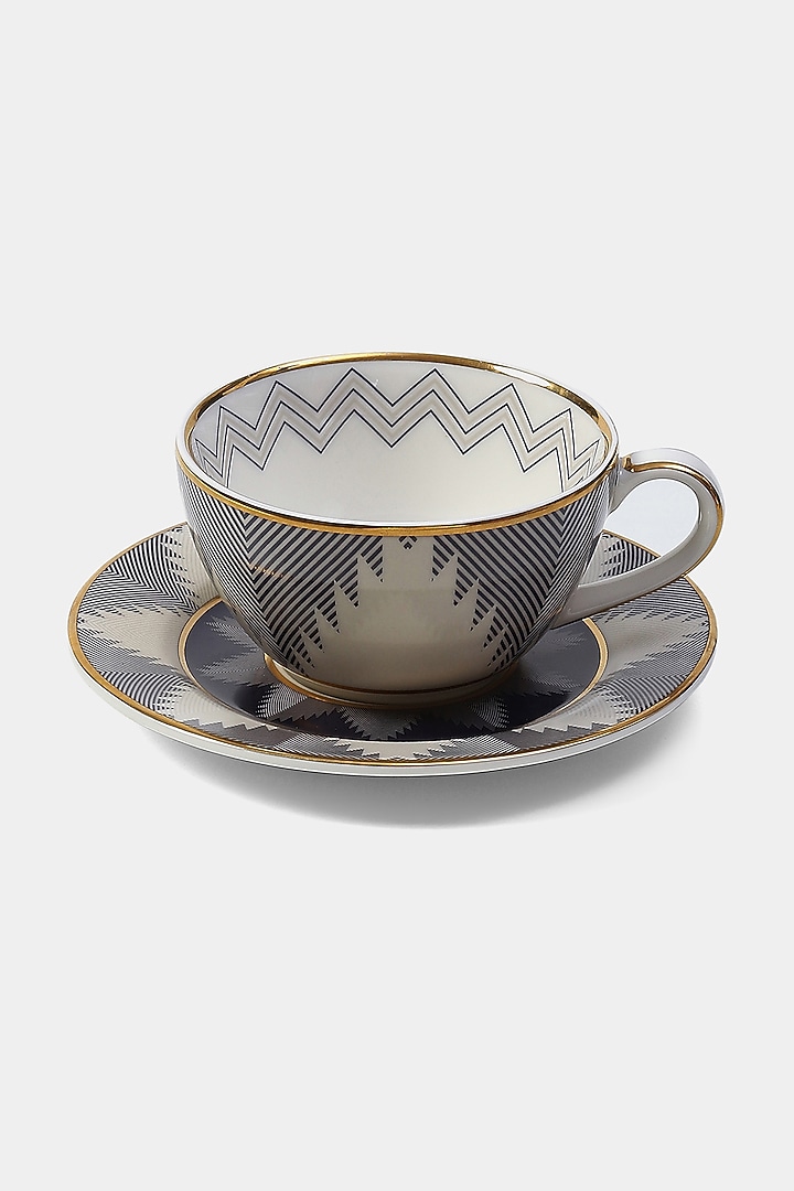 Blue Porcelain Ikkat Diner Cup & Saucer Set (Set of 2 Cups and 2 Saucers) by Ritu Kumar Home at Pernia's Pop Up Shop
