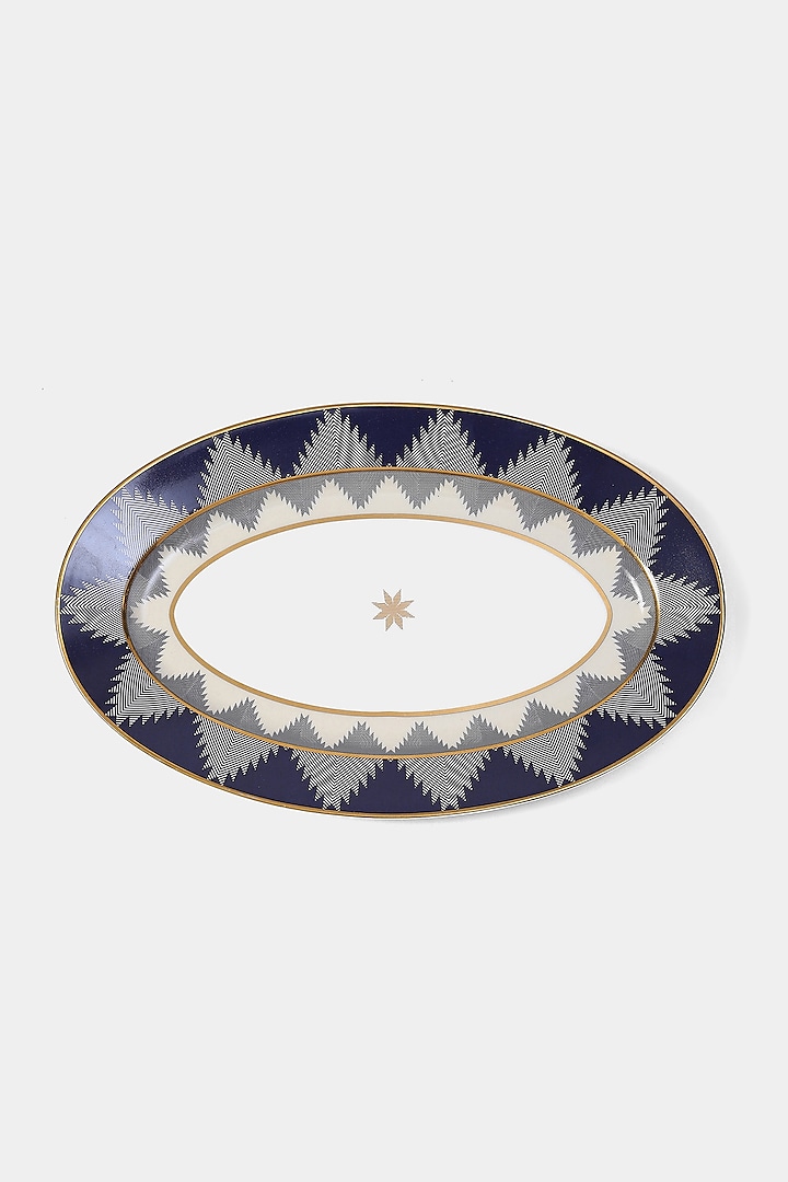 Blue Porcelain Ikkat Platter by Ritu Kumar Home