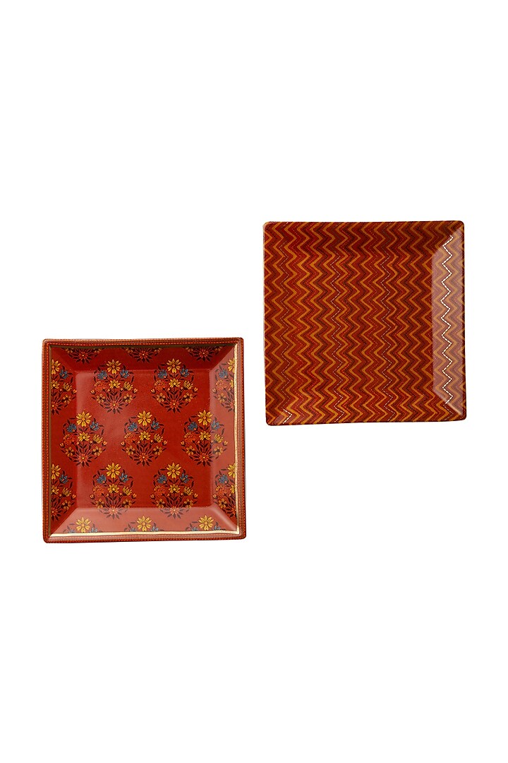 Rust Banki Ceramic Square Platter (Set of 2) by Ritu Kumar Home
