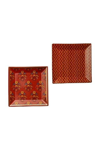 Rust Banki Ceramic Square Platter (Set of 2) by Ritu Kumar Home