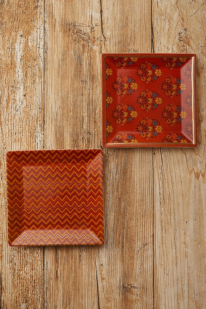 Rust Banki Ceramic Square Platter (Set of 2) by Ritu Kumar Home at Pernia's Pop Up Shop