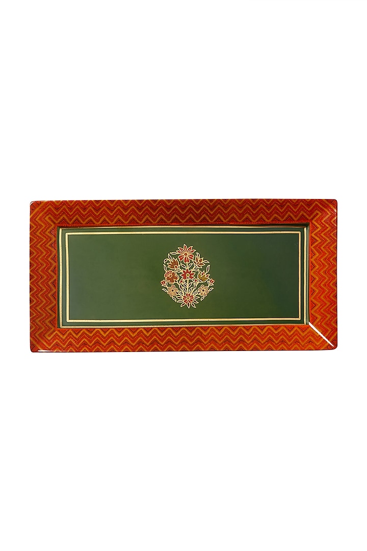 Green Banki Ceramic Rectangle Platter (S) by Ritu Kumar Home