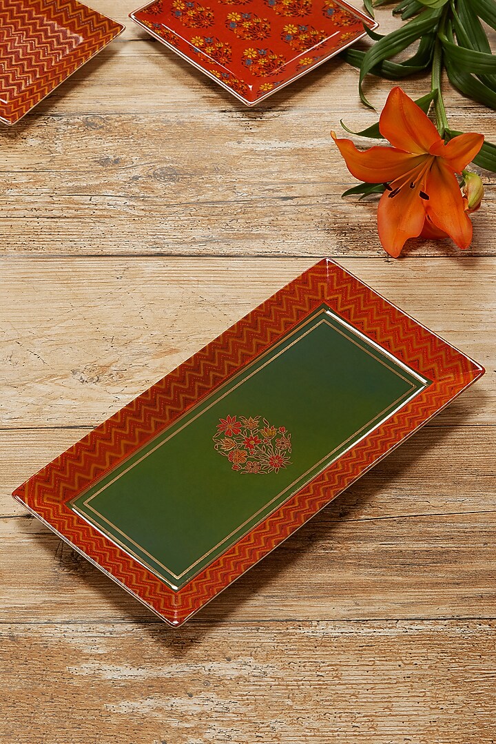 Green Banki Ceramic Rectangle Platter (S) by Ritu Kumar Home at Pernia's Pop Up Shop