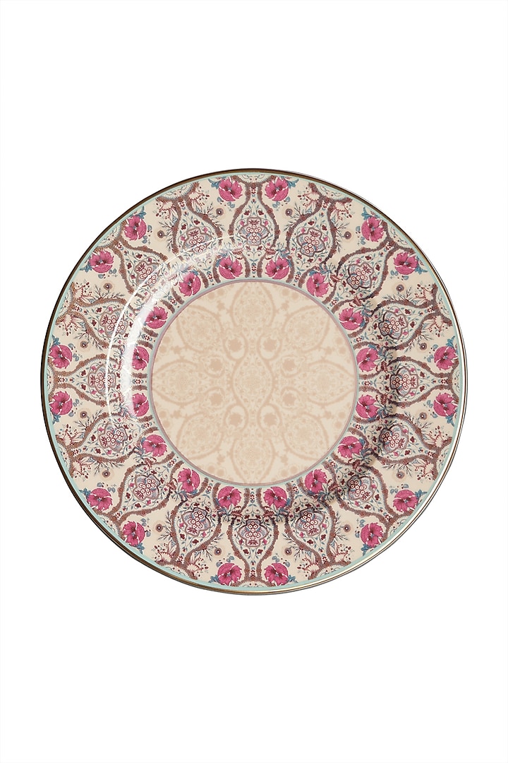 Pink Chidambaram Ceramic Round Dinner Plate (Set of 4) by Ritu Kumar Home