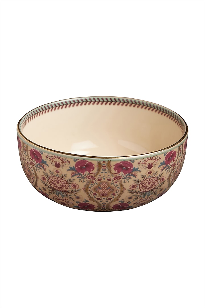 Pink Chidambaram Ceramic Round Serving Bowl (L) by Ritu Kumar Home
