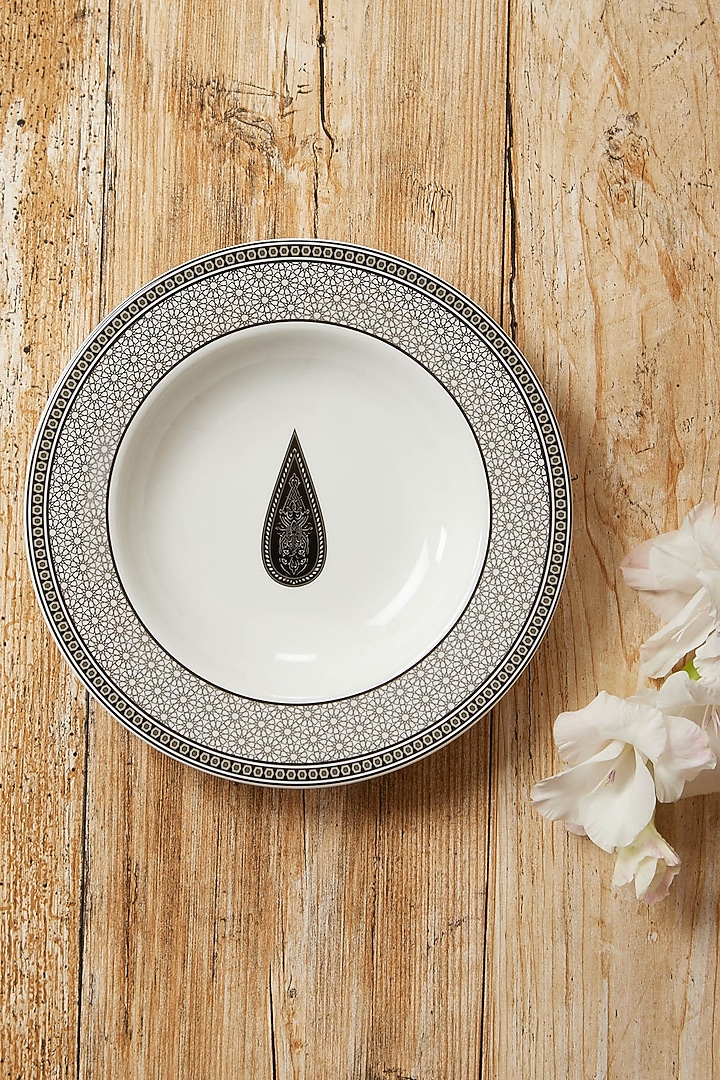 Black & White Awadh Porcelain Round Pasta Plate by Ritu Kumar Home at Pernia's Pop Up Shop