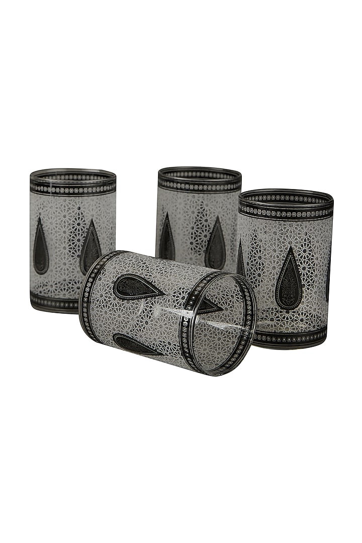 Black & White Awadh Cylinder Glass (Set of 4) by Ritu Kumar Home