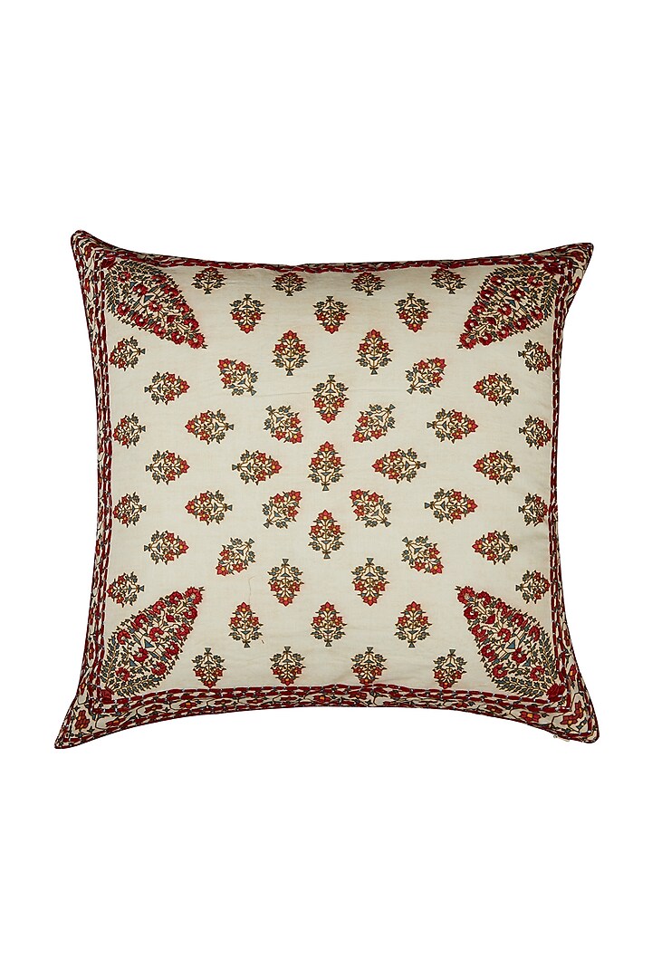 Ivory Chameli Square Cushion With Filler by Ritu Kumar Home
