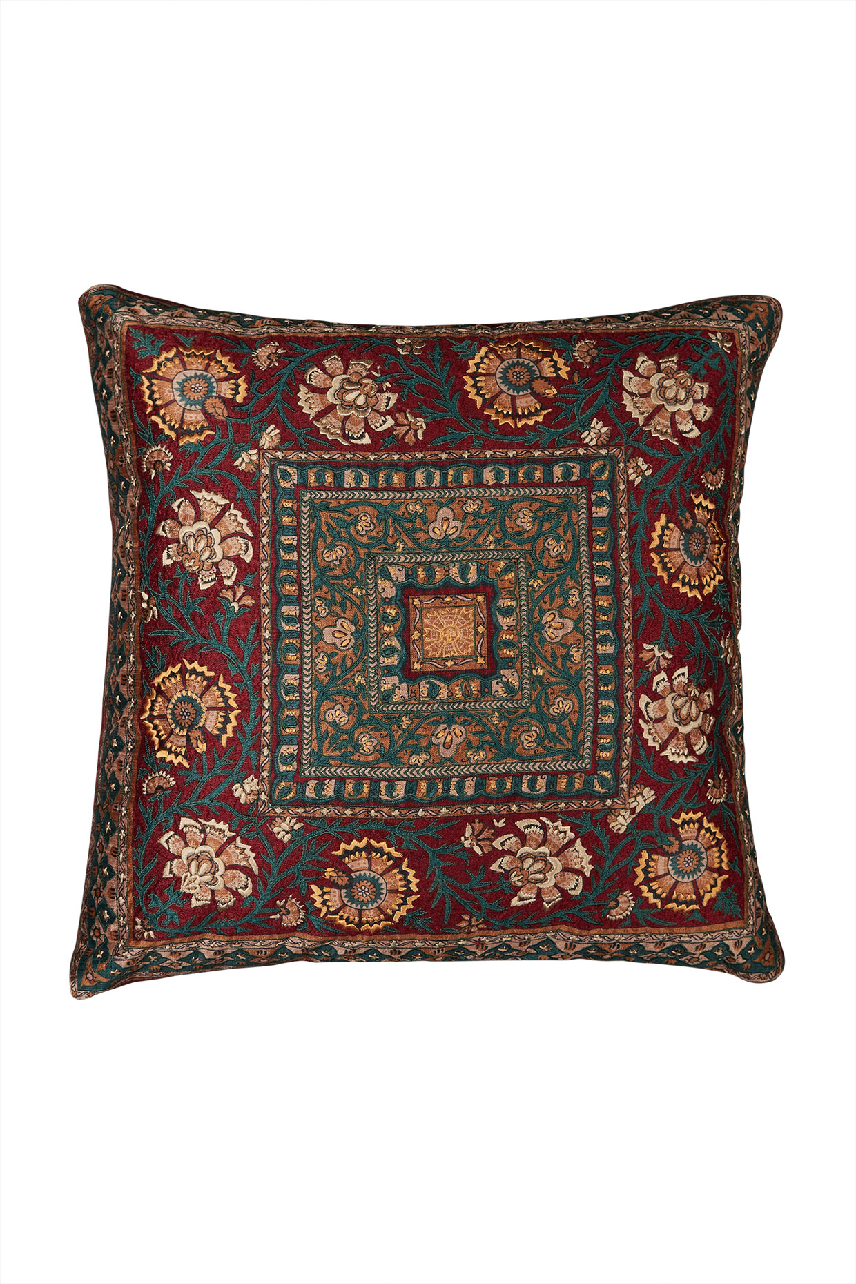 Red Kalamkari Square Cushion With Filler by Ritu Kumar Home at Pernia's Pop Up Shop