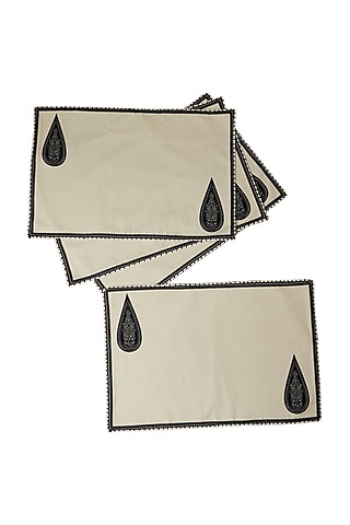 Black & White Awadh Rectangle Placemat (Set of 4) by Ritu Kumar Home