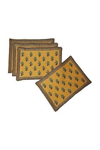 Yellow Jal Mahal Floral Placemat (Set of 2) by Ritu Kumar Home