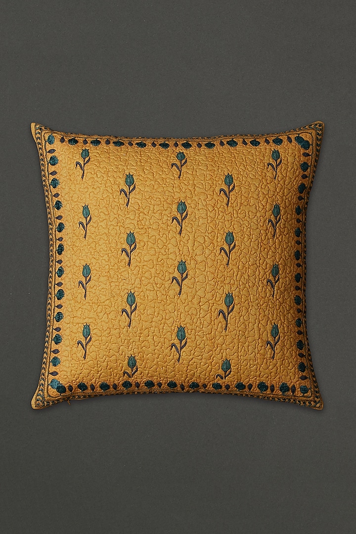 Yellow Jal Mahal Square Cushion With Fillers by Ritu Kumar Home