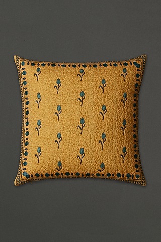 Yellow Jal Mahal Square Cushion With Fillers by Ritu Kumar Home