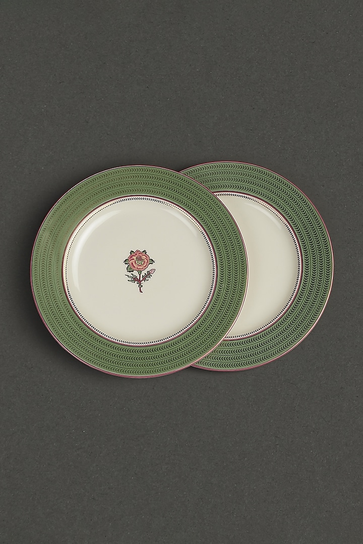Ivory Floral Dinner Plates (Set of 2) by Ritu Kumar Home