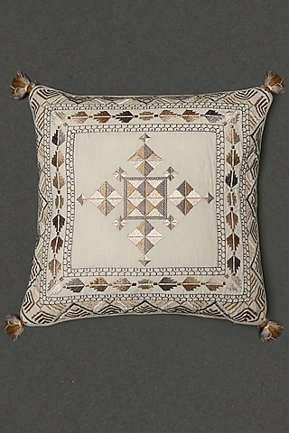 Beige Phulkari Embroidered Square Cushion With Filler by Ritu Kumar Home