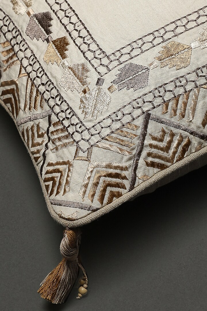 Beige Phulkari Embroidered Square Cushion With Filler by Ritu Kumar Home at Pernia's Pop Up Shop