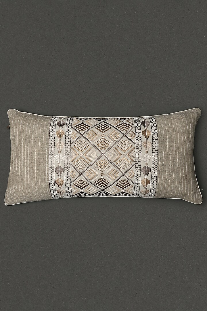 Beige Phulkari Embroidered Rectangle Cushion With Filler by Ritu Kumar Home