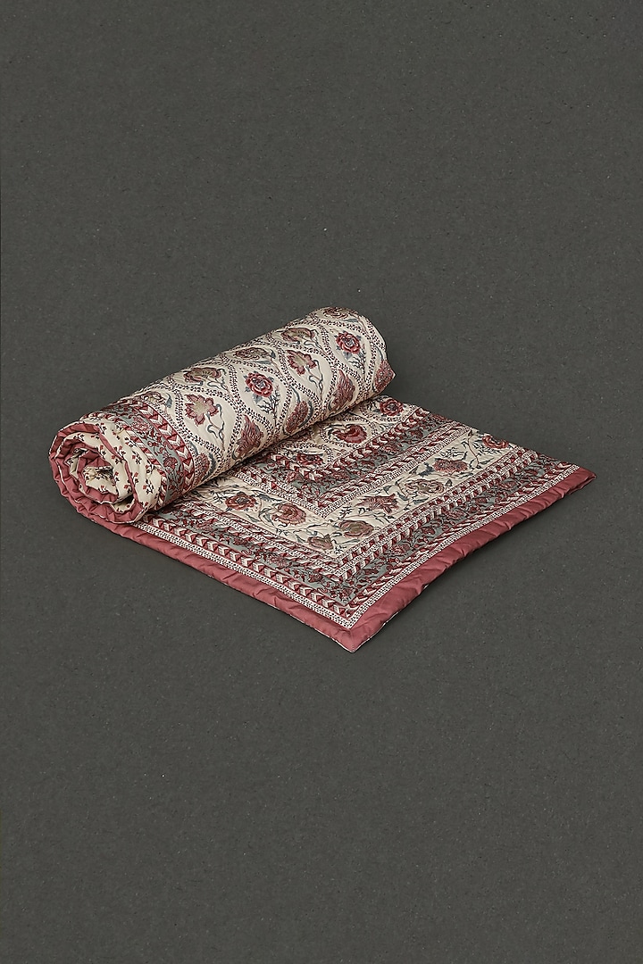Ivory Lavana Printed Double Bed Quilt by Ritu Kumar Home