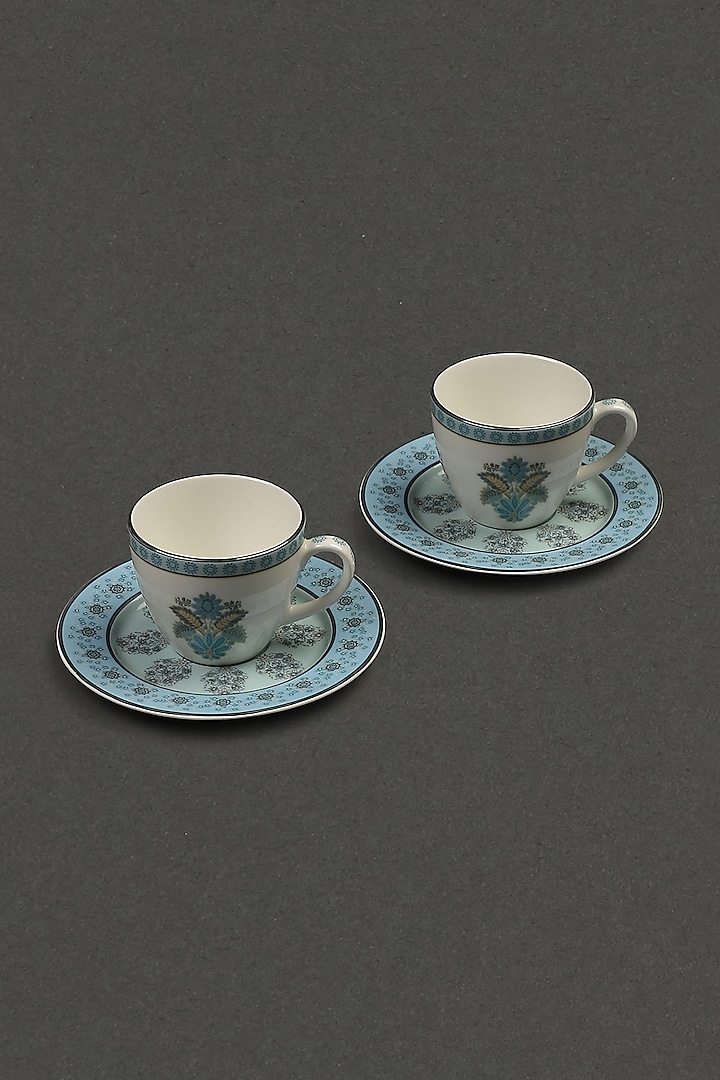 Turquoise Porcelain Cups & Saucers (Set of 2 Cups & 2 Saucers) by Ritu Kumar Home