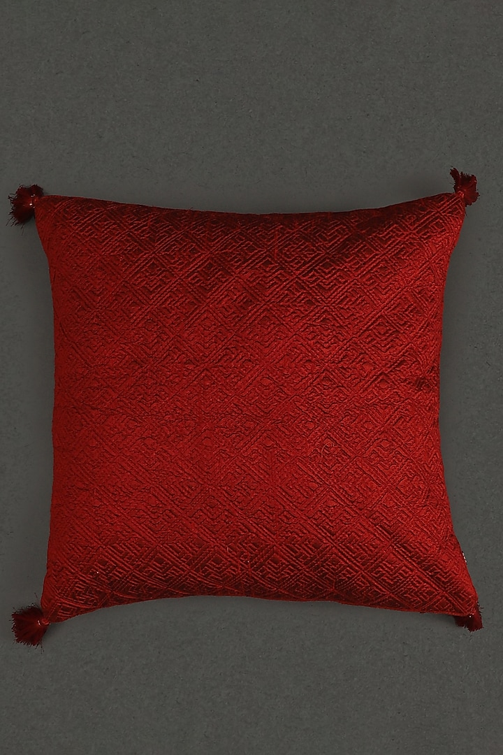 Red Ikkat Square Cushion With Filler by Ritu Kumar Home