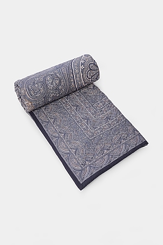 Blue Printed Jaamevar Double Bed Quilt by Ritu Kumar Home