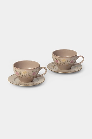 Pink & Beige Koshambi Cup & Saucer Set (Set of 2 Cups & 2 Saucers) by Ritu Kumar Home