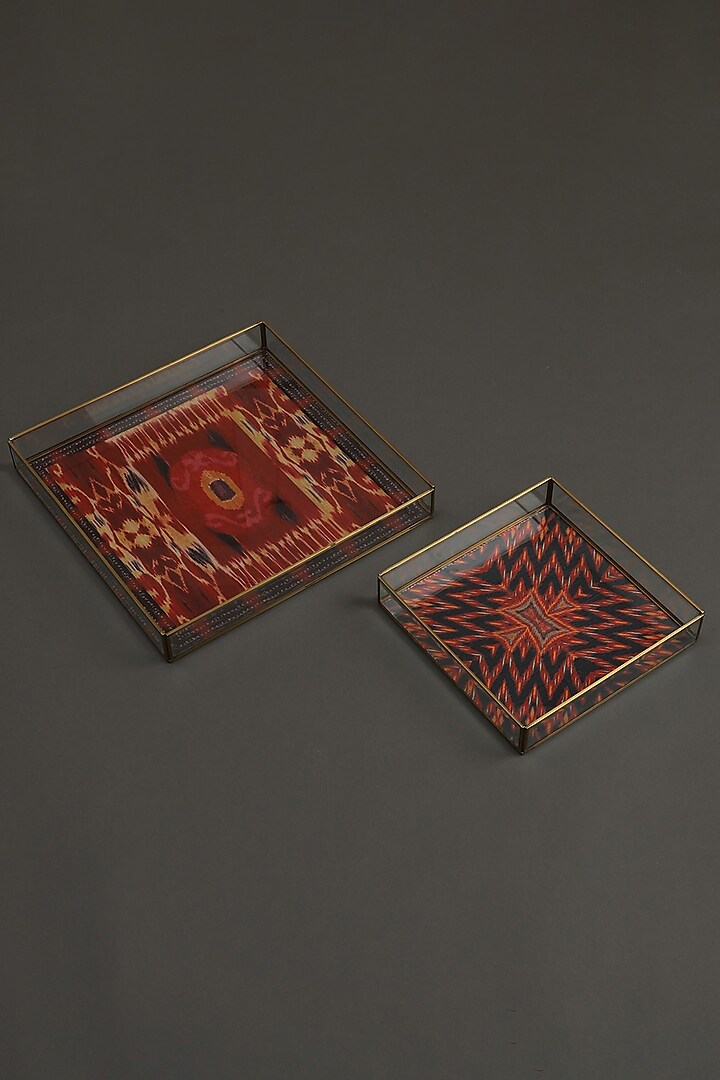 Red Ikkat Trays (Set of 2) by Ritu Kumar Home
