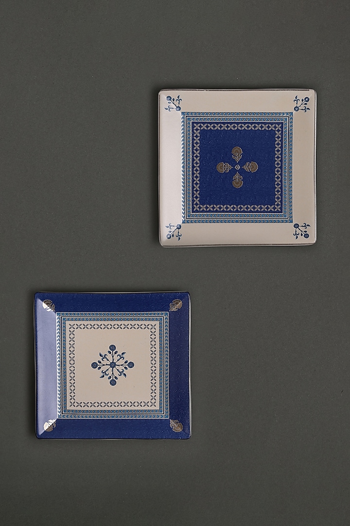 White & Blue Jalmahal Small Platters (Set of 2) by Ritu Kumar Home