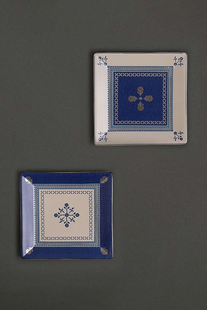 White & Blue Jalmahal Small Platters (Set of 2) by Ritu Kumar Home at Pernia's Pop Up Shop