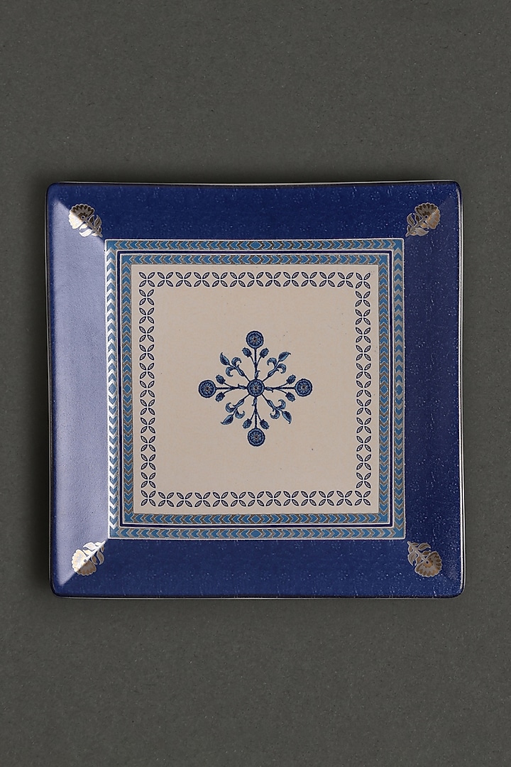 White & Blue Jalmahal Small Platters (Set of 2) by Ritu Kumar Home at Pernia's Pop Up Shop