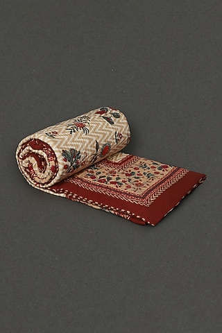 Ecru & Red Flora Printed Double Bed Quilt by Ritu Kumar Home