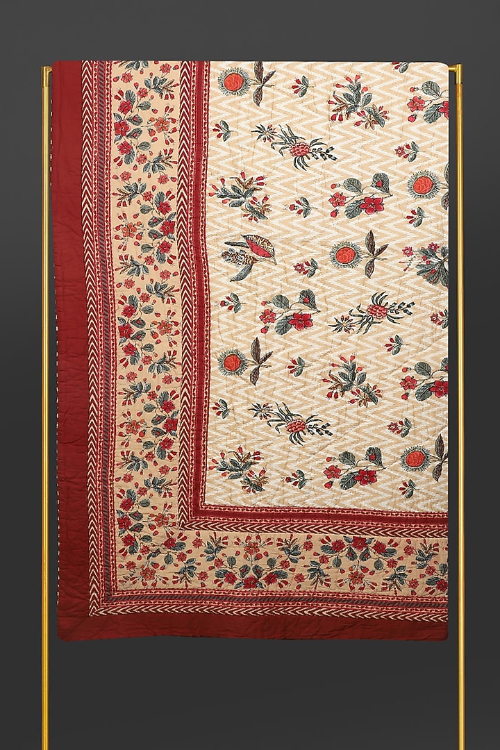 Ecru & Red Flora Printed Double Bed Quilt by Ritu Kumar Home at Pernia's Pop Up Shop