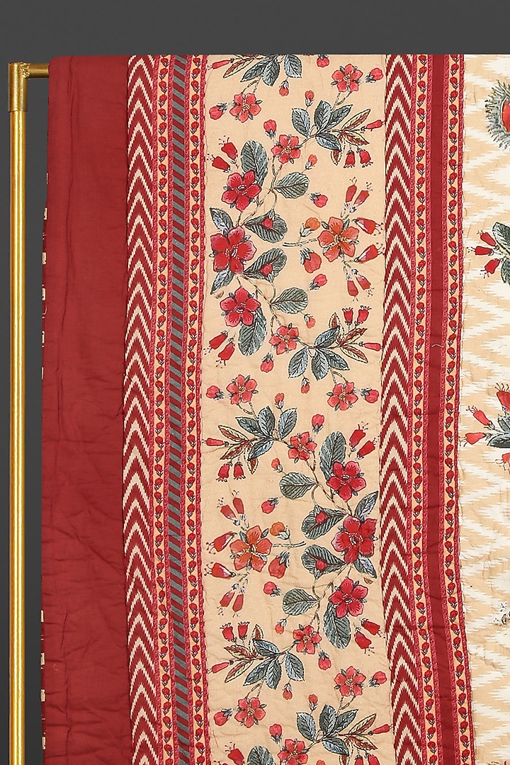 Ecru & Red Flora Printed Double Bed Quilt by Ritu Kumar Home at Pernia's Pop Up Shop