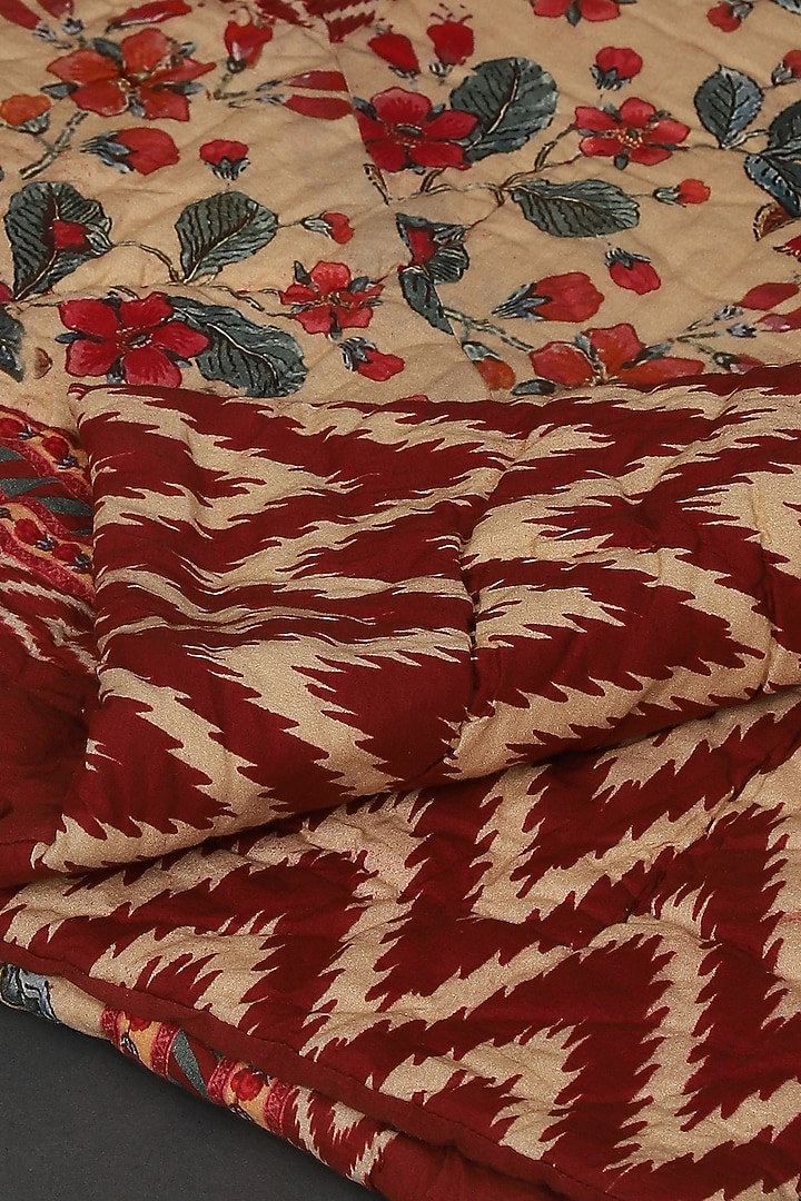 Ecru & Red Flora Printed Double Bed Quilt by Ritu Kumar Home at Pernia's Pop Up Shop