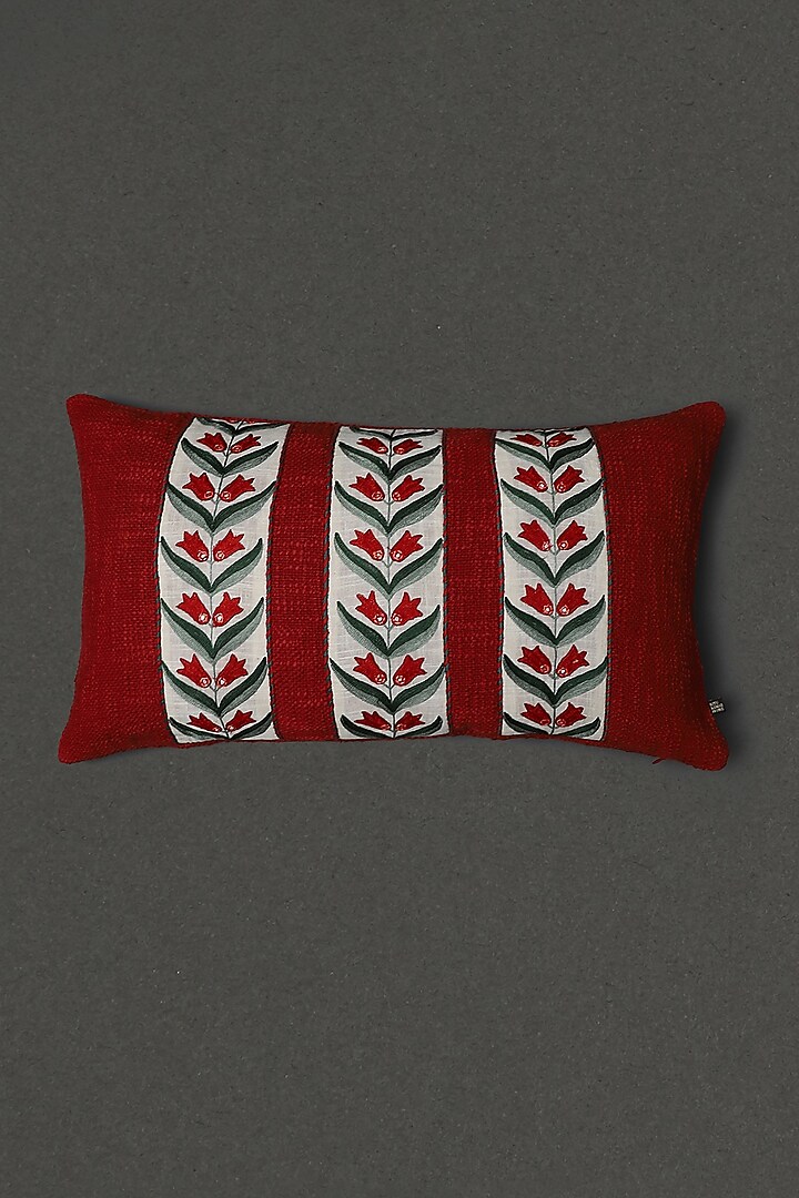 Beige & Red Embroidered Cushion by Ritu Kumar Home