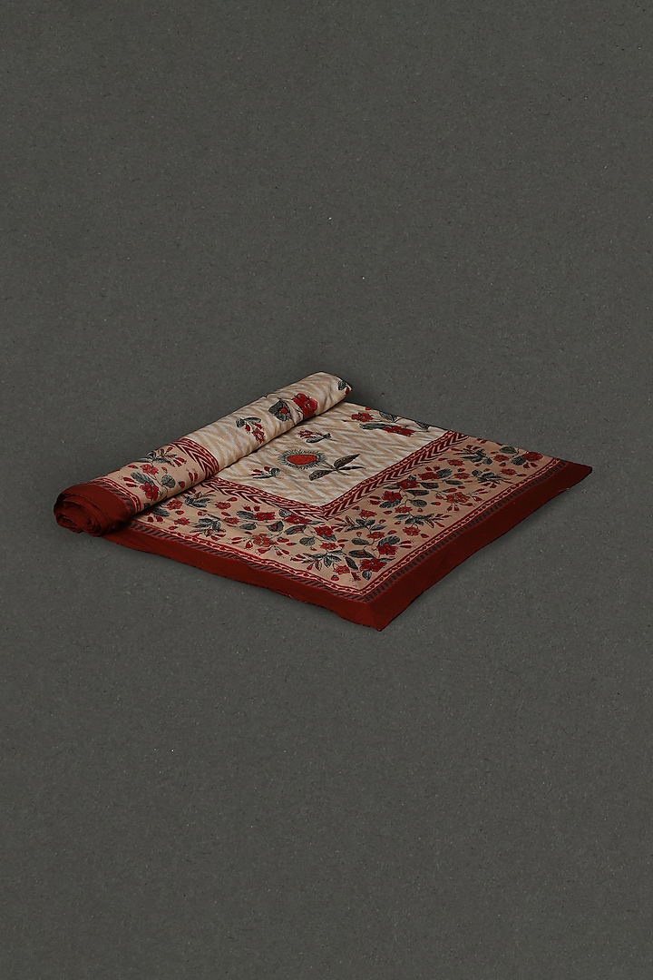 Beige & Red Printed Table Cloth by Ritu Kumar Home