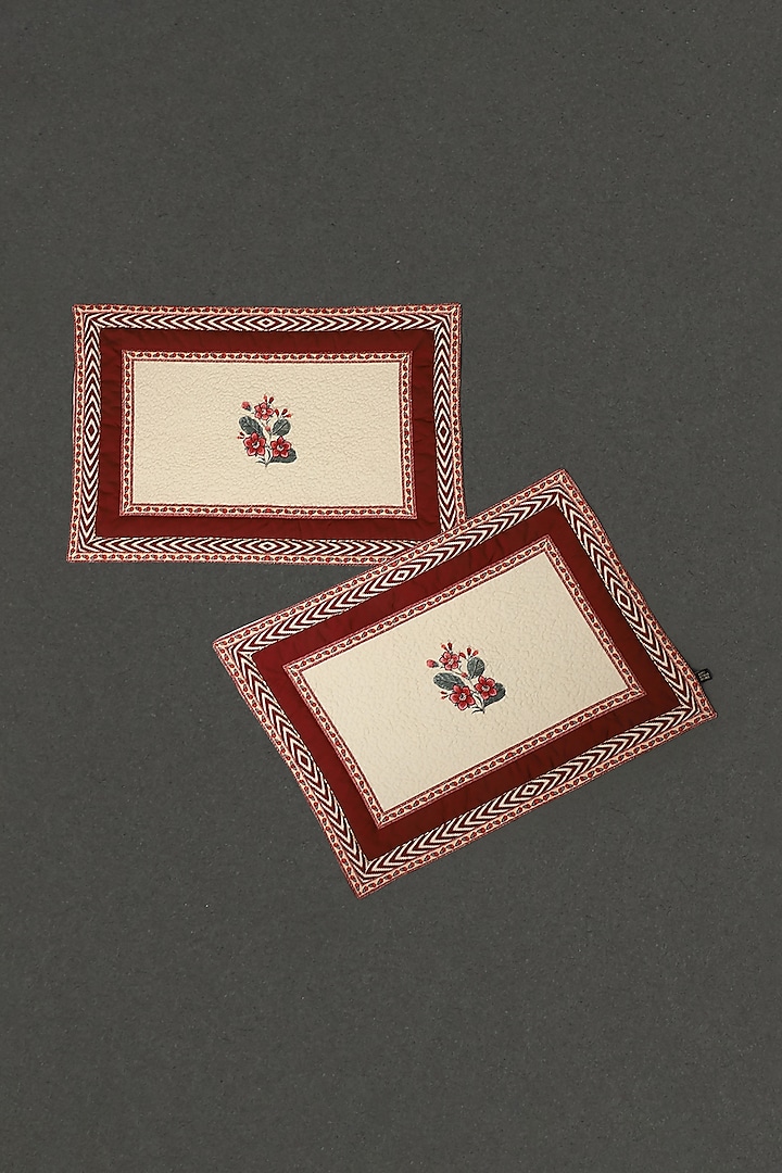 Ecru & Red Embroidered Placemats (Set of 2) by Ritu Kumar Home
