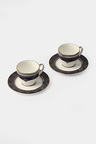 White & Blue Jaamevar Cup & Saucer Set (Set of 2 Cups & 2 Saucers) by Ritu Kumar Home