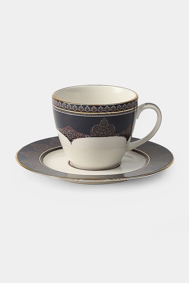 White & Blue Jaamevar Cup & Saucer Set (Set of 2 Cups & 2 Saucers) by Ritu Kumar Home at Pernia's Pop Up Shop