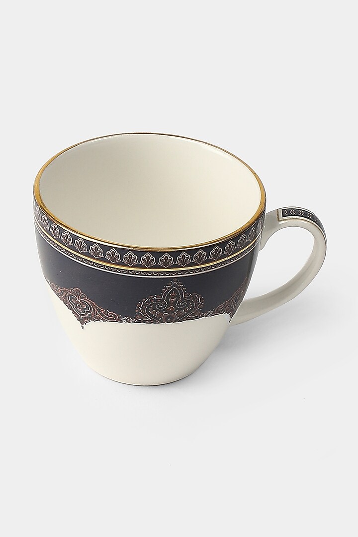 White & Blue Jaamevar Cup & Saucer Set (Set of 2 Cups & 2 Saucers) by Ritu Kumar Home at Pernia's Pop Up Shop