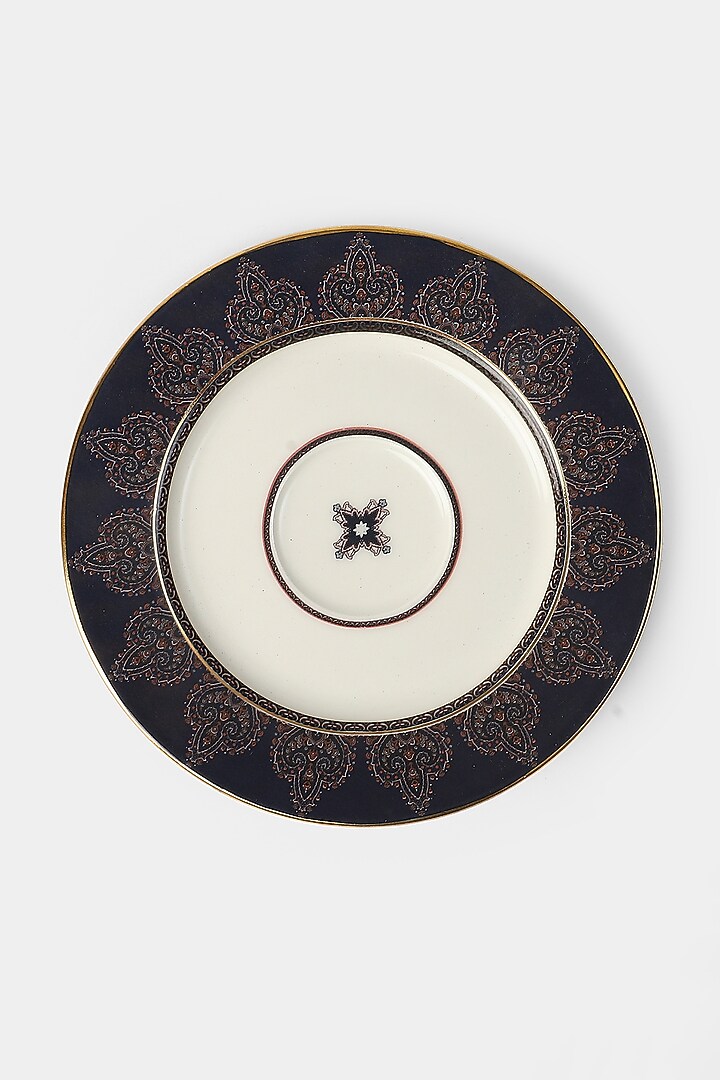 White & Blue Jaamevar Cup & Saucer Set (Set of 2 Cups & 2 Saucers) by Ritu Kumar Home at Pernia's Pop Up Shop