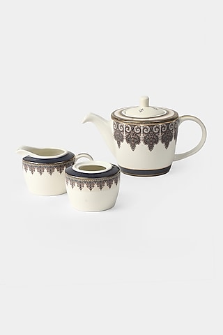 White & Blue Jaamevar Kettle Set (Set of 3) by Ritu Kumar Home