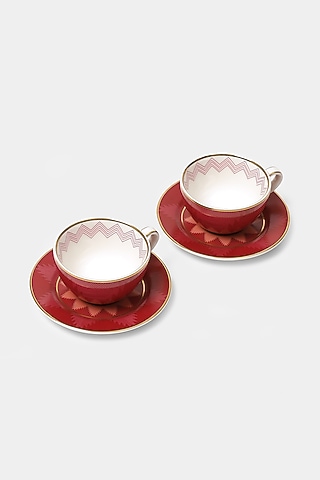 Pink Ikkat Cup & Saucer Set (Set of 2 Cups & 2 Saucers) by Ritu Kumar Home